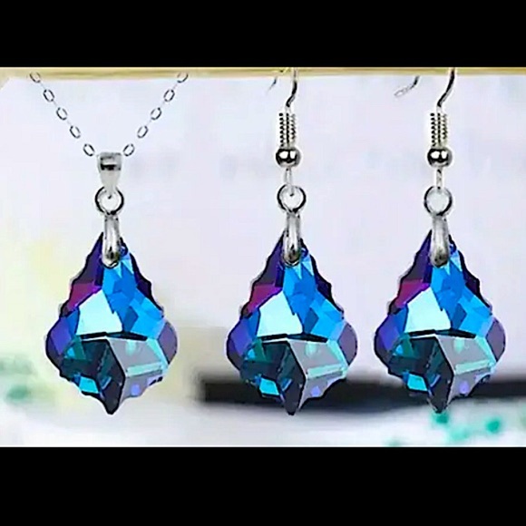 Blue Austrian Crystal Necklace Earrings Set Silver Dangle Baroque Leaf Earrings - Picture 2 of 3